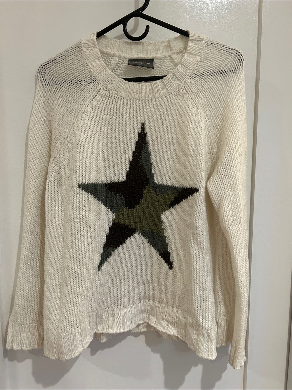 Wooden Ships Cream Knit Crewneck with Camouflage Star
